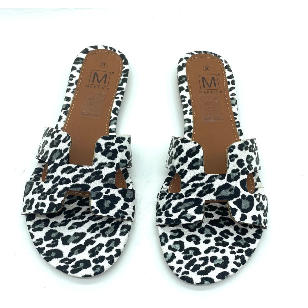 Maker's Women Leopard Print H-Band Slide Sandals Black White Size 9